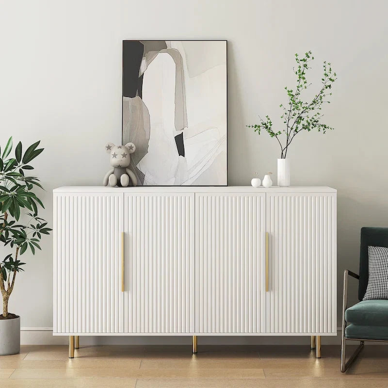 Bahut avec portes décoratives cannelées, buffet en bois avec poignées métalliques, meuble de rangement avec étagères réglables