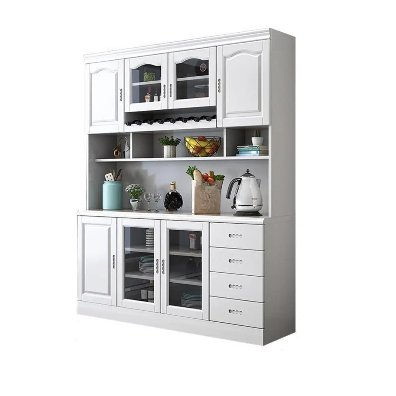 Buffet de cuisine en bois blanc avec casier à vin intégré