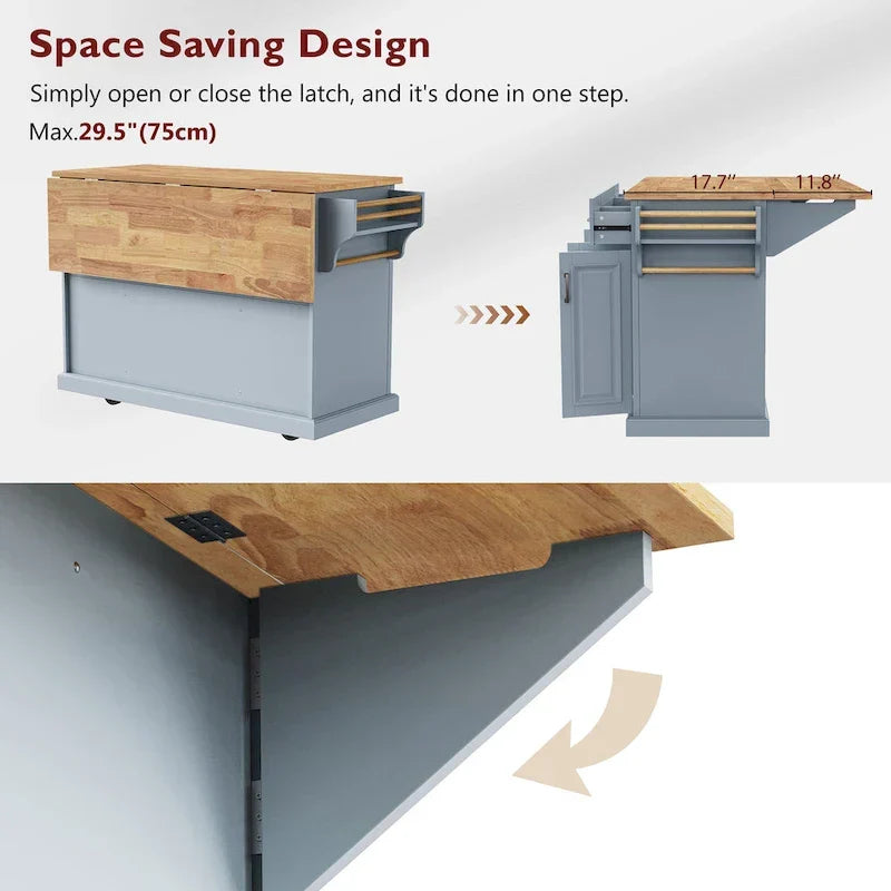 54 Grand îlot de cuisine avec plateau rabattable en bois d'hévéa, chariot de cuisine roulant à texture gaufrée sur 4 roues avec 4 portes et 3 tiroirs