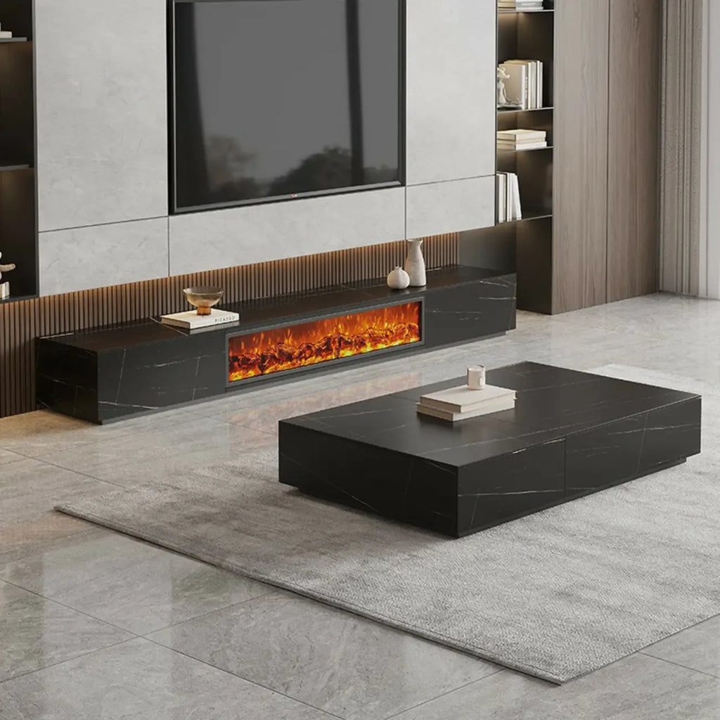 Meuble TV en pierre avec cheminée électrique noire et lumière, 87 cm de large