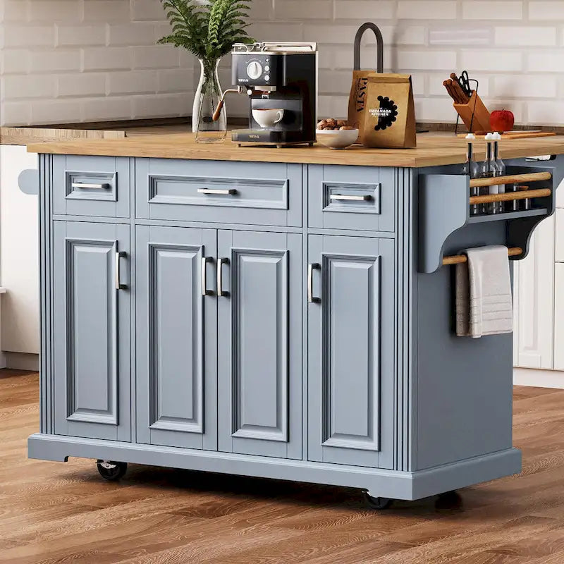 54 Grand îlot de cuisine avec plateau rabattable en bois d'hévéa, chariot de cuisine roulant à texture gaufrée sur 4 roues avec 4 portes et 3 tiroirs
