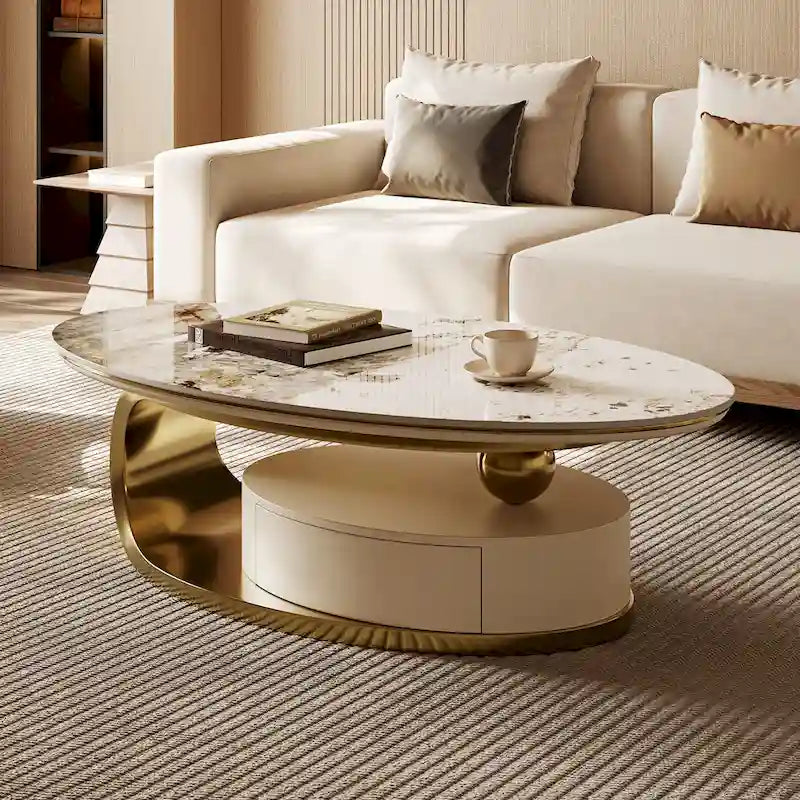 Table basse ovale moderne Pandora 51 avec plateau en pierre frittée brillante, table basse de luxe, pieds en acier inoxydable pour salon