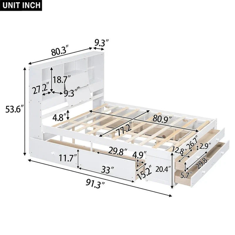 Lit plateforme King Size avec tête de lit de rangement et 8 tiroirs