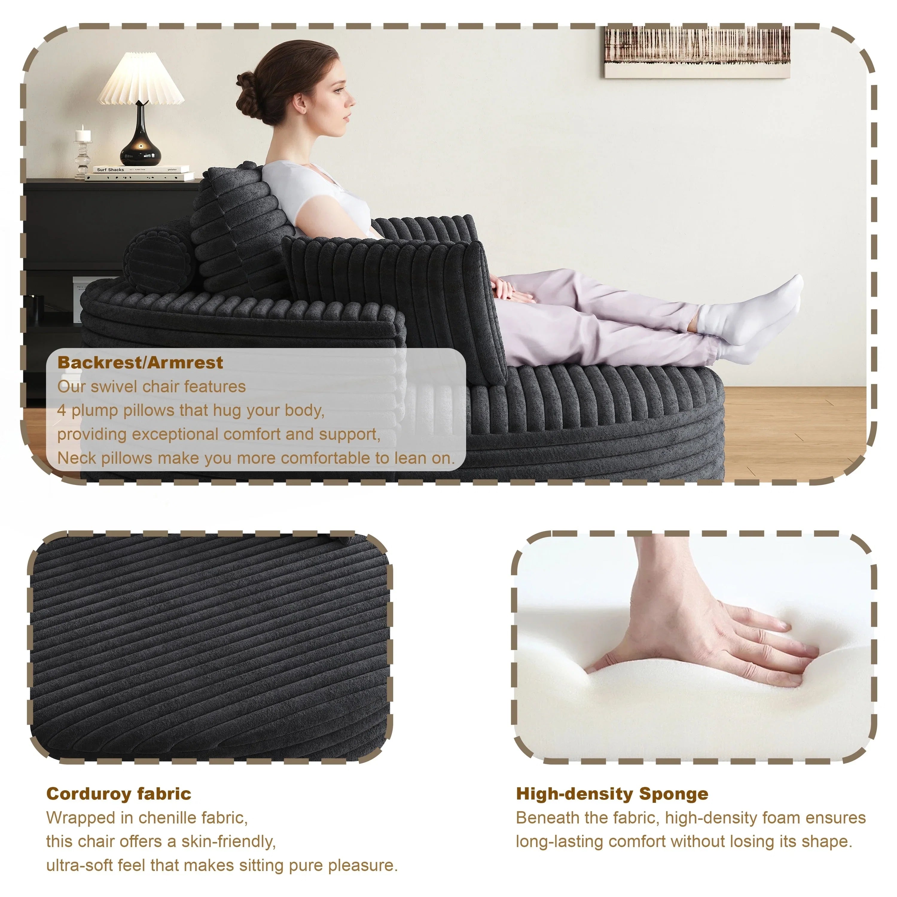 Fauteuil pivotant simple en velours côtelé et chenille avec rembourrage en mousse