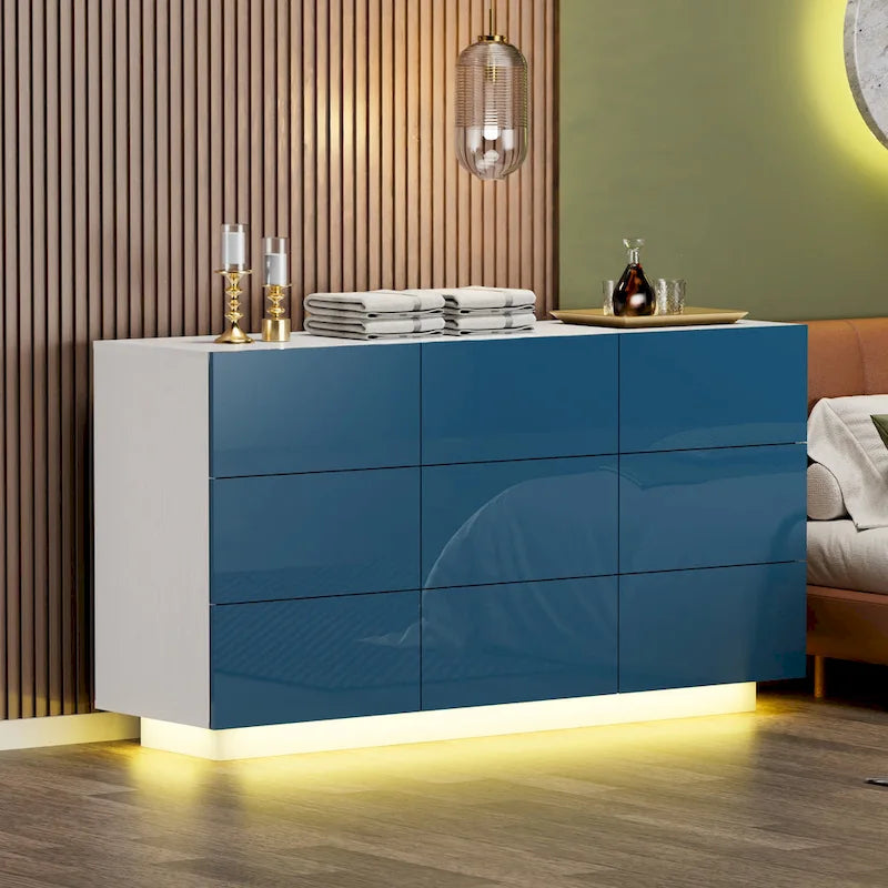 Commode à 9 tiroirs Tour de rangement pour chambre à coucher avec lumière