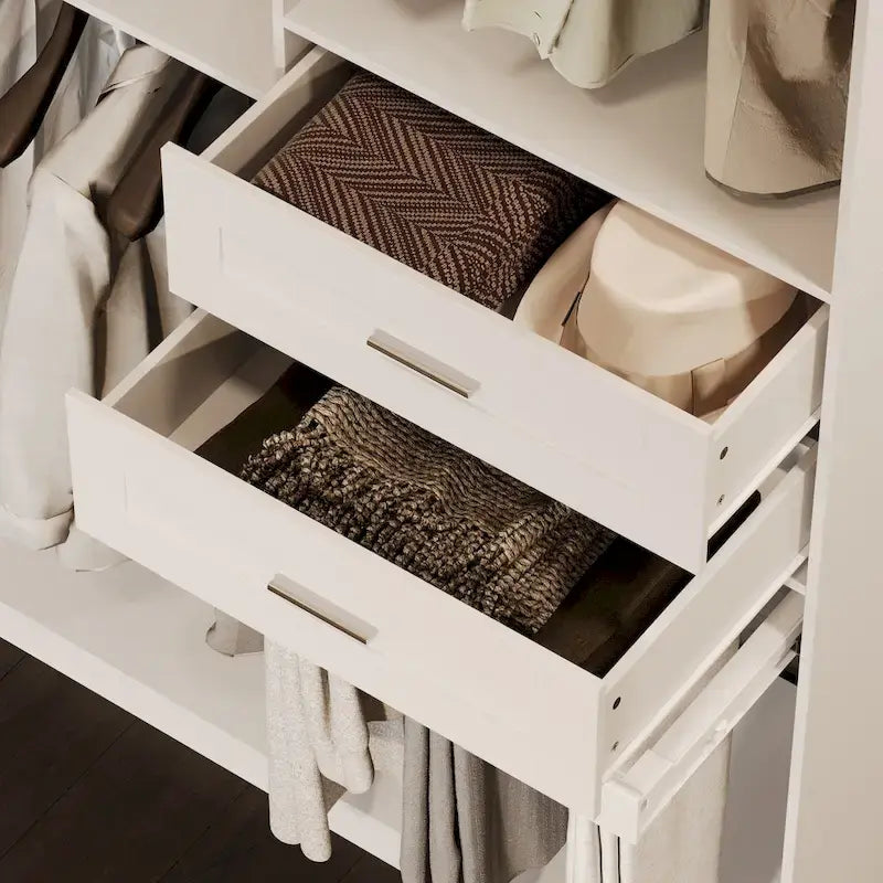 Armoire d'angle avec 2 tringles, un porte-pantalons et un rangement à chaussures