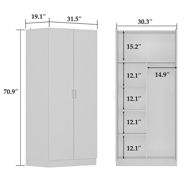 Armoire de chambre autonome à 2 portes avec tringle à vêtements