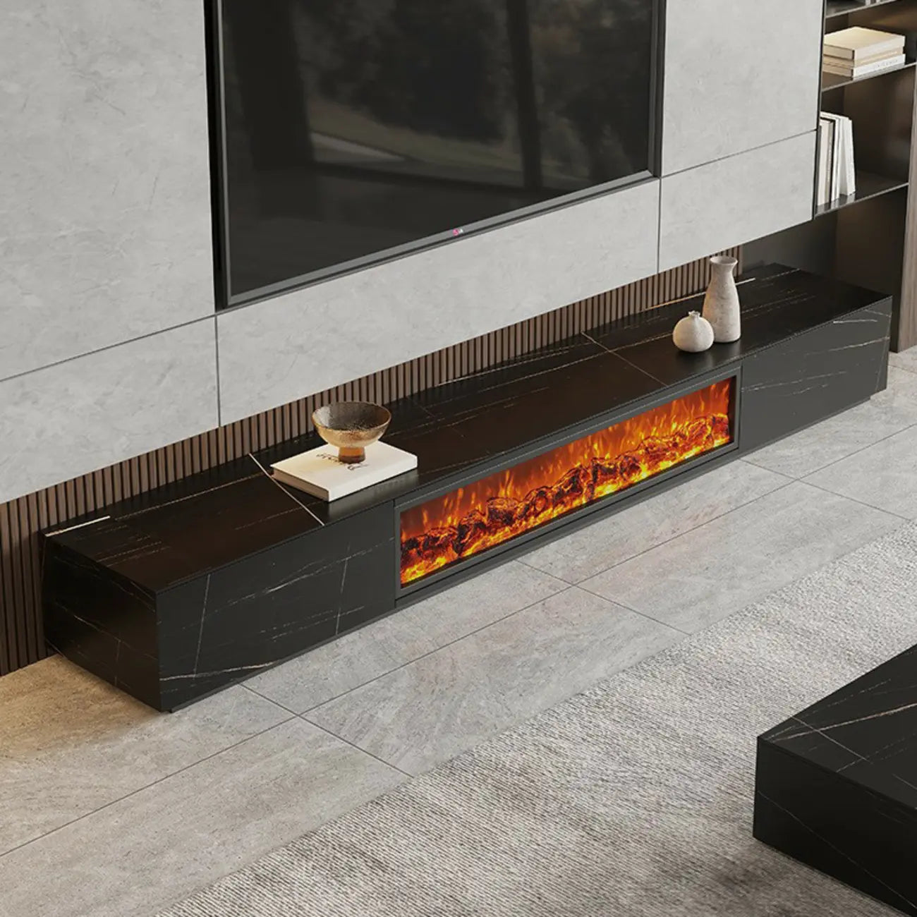 Meuble TV en pierre avec cheminée électrique noire et lumière, 87 cm de large