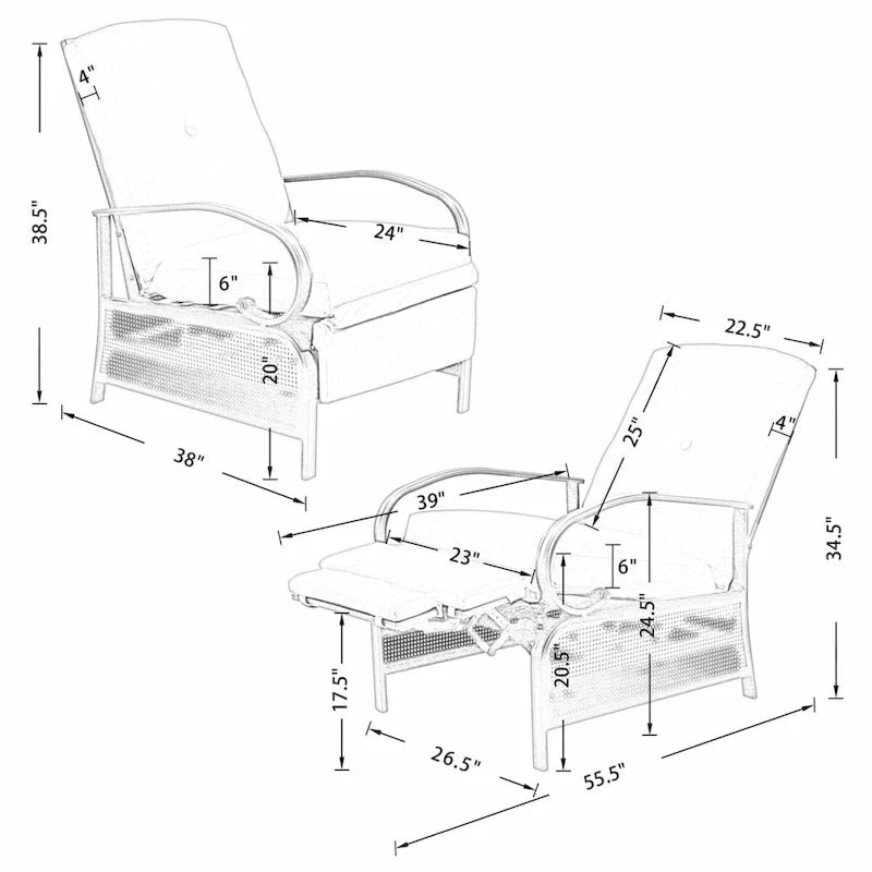 Fauteuil inclinable de salon réglable avec coussin – 38 (P) x 26,5 (L) x 38,5 (H) pouces