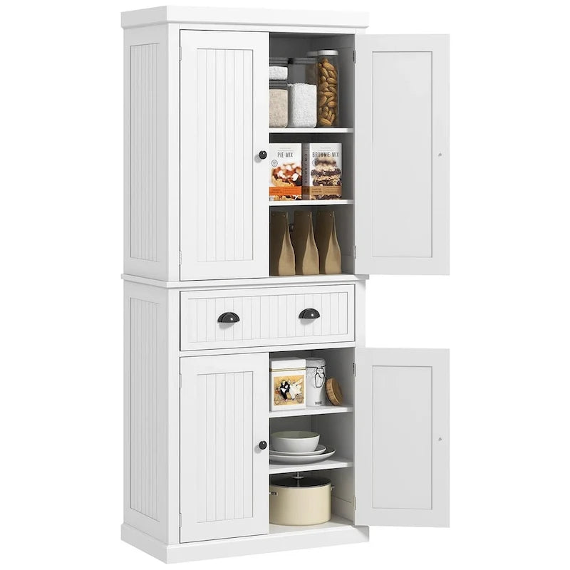 Meuble de rangement de cuisine autoportant traditionnel de 72 pouces avec 4 portes et 3 étagères réglables, grand tiroir central