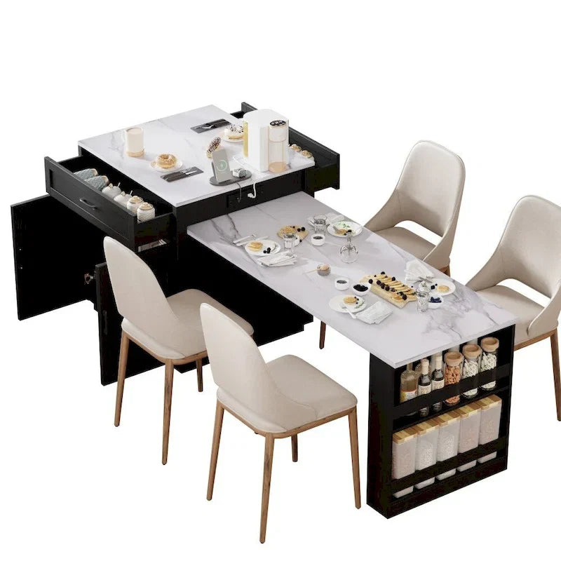 Îlot de cuisine en bois de 210 cm pour 4 à 6 personnes avec table à manger extensible et rangement double.