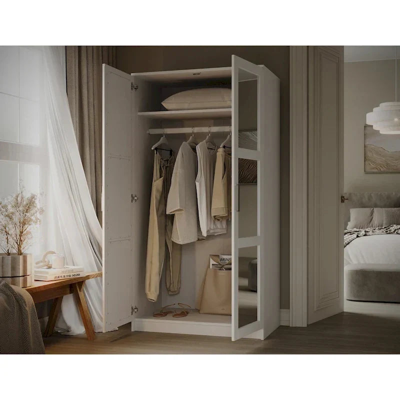 Armoire urbaine à 2 portes 100 % en bois massif avec portes pleines et portes miroir