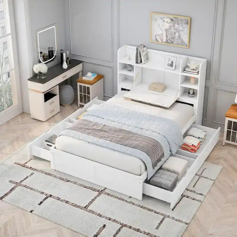 Cadre de lit avec 4 tiroirs de rangement portables sous le lit