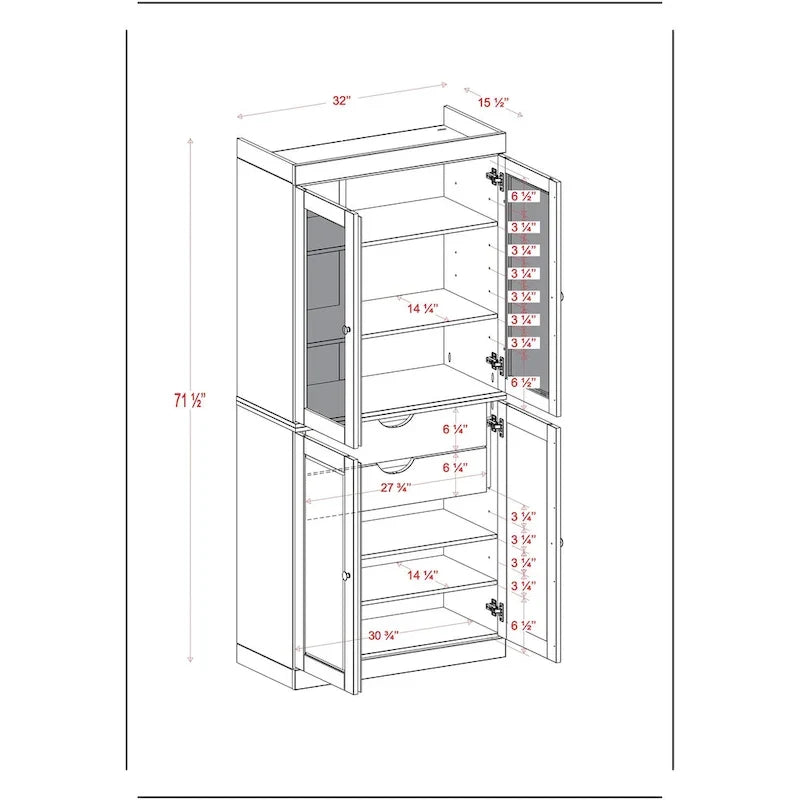 Meuble de rangement en bois massif avec portes en verre dépoli, portes pleines, 2 tiroirs et étagères réglables