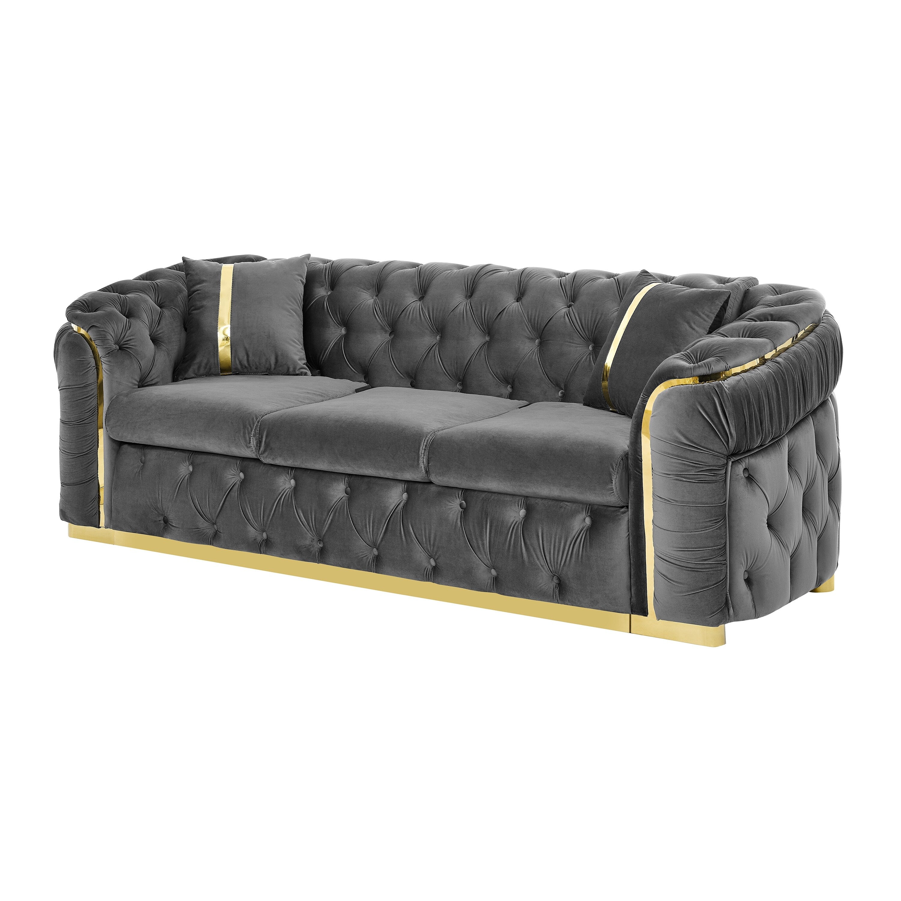 Canapé 3 places Velvet 90,6 po avec 2 oreillers, coussins haute densité, accents dorés et oreillers