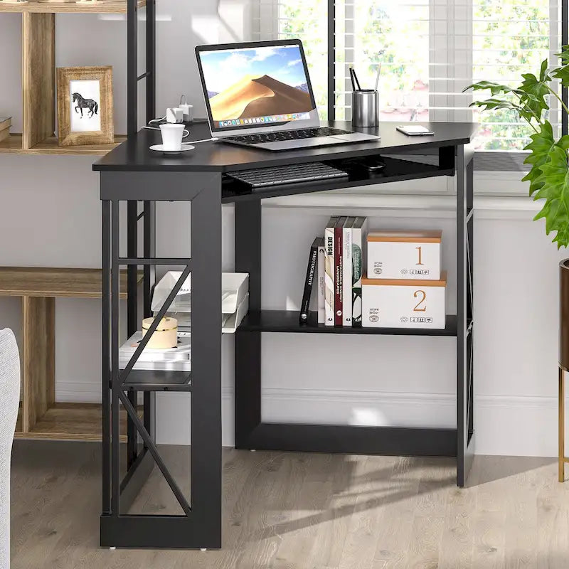 Bureau d'Angle Petit Bureau avec Prises, Table d'Angle pour Petit Espace, Bureau d'Ordinateur avec Ports USB, Bureau Triangle avec Rangement