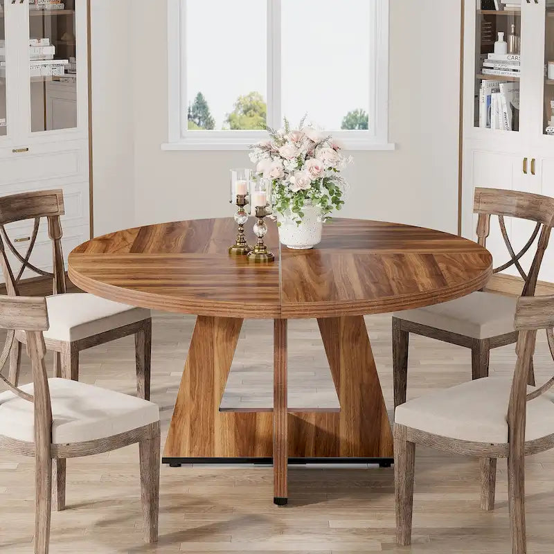 Table à manger ronde de 120 cm pour 4 personnes, table de salle à manger/cuisine/salon en bois style ferme