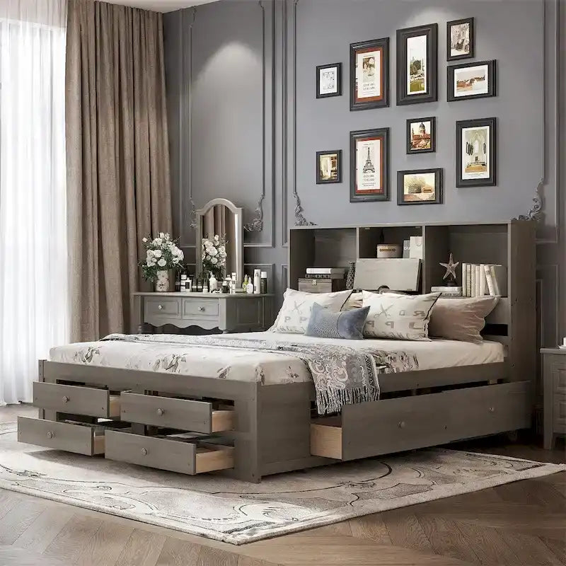 Lit plateforme King Size avec tête de lit de rangement et 8 tiroirs