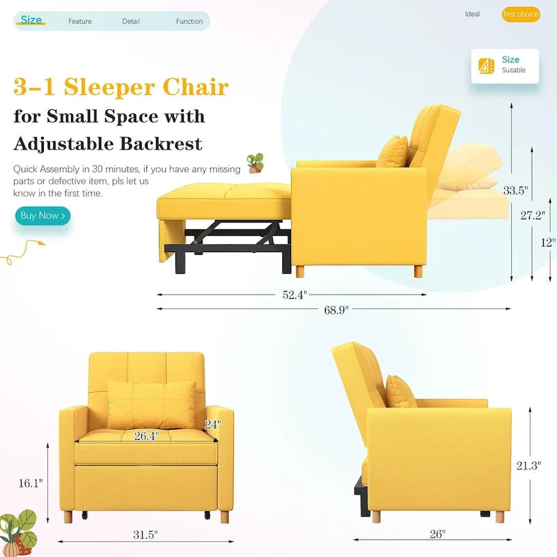 AECOJOY Fauteuil Convertible 3-en-1 avec Oreiller et Dossier Réglable