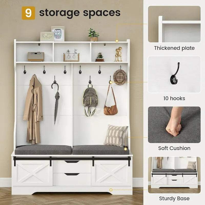 Meuble d'entrée avec banc, rangement à chaussures et patères porte-manteaux, style porte de grange