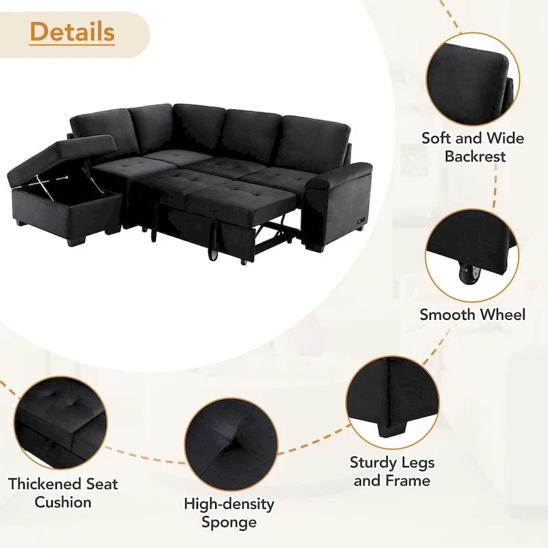 Canapé d'angle convertible 5 places en L 84,75 po avec pouf de rangement, rangement de bras dissimulé et chargement USB pour salon