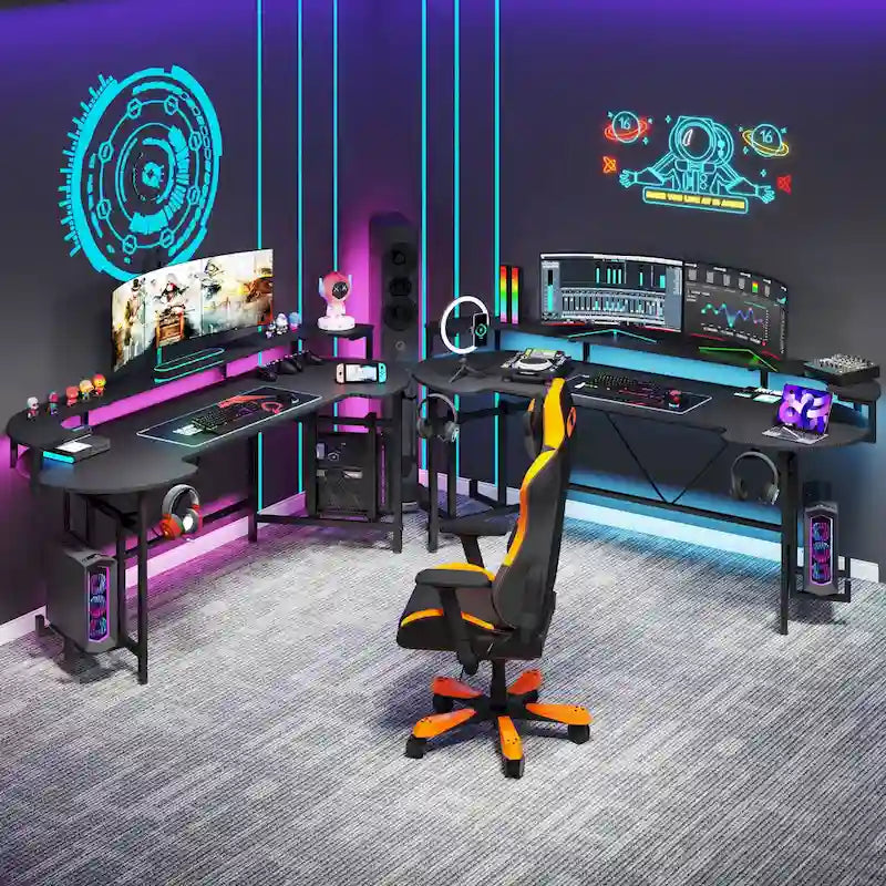 Bureau de gaming avec étagère pour moniteur, bureau d'ordinateur de 75 pouces avec bande LED