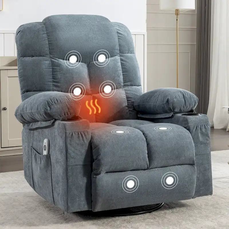 Fauteuil inclinable gris surdimensionné avec fonctions de chauffage et de massage, inclinaison à 150°, bascule à 30°, port USB pour la recharge et 2 porte-gobelets