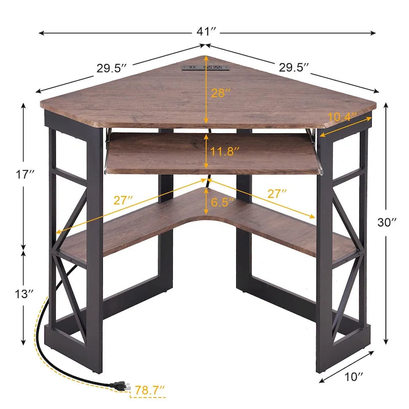 Bureau d'Angle Petit Bureau avec Prises, Table d'Angle pour Petit Espace, Bureau d'Ordinateur avec Ports USB, Bureau Triangle avec Rangement
