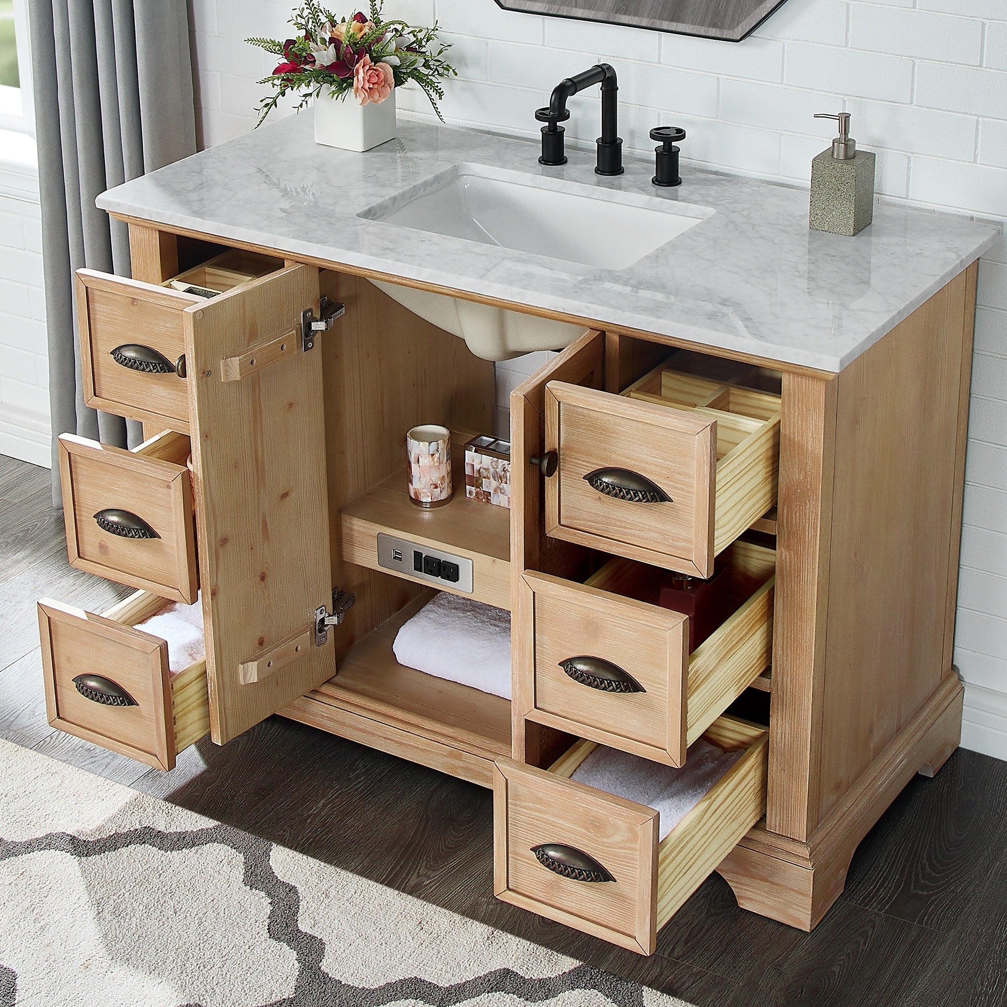 Meuble sous-vasque Hervas avec plateau en marbre naturel, sans miroir