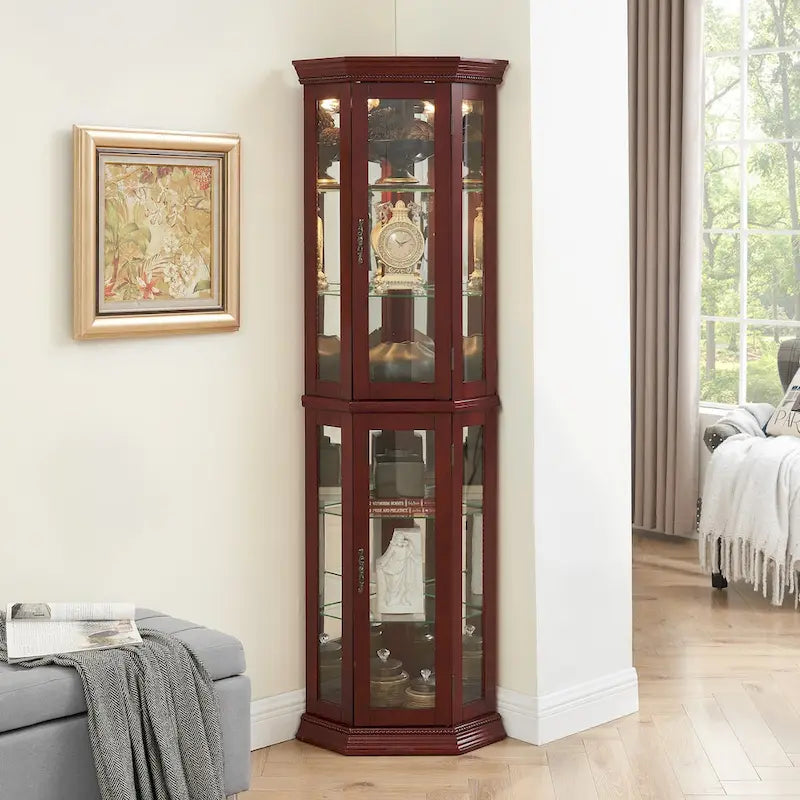 Vitrine d'angle avec éclairage, étagères réglables en verre trempé, fond miroir, meuble vitrine