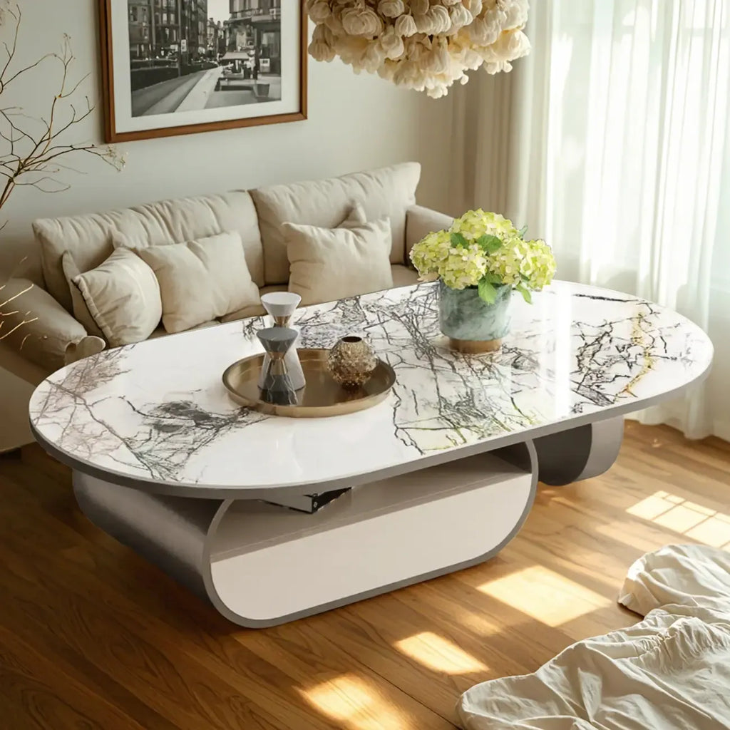 Table basse ovale contemporaine unique avec plateau en marbre et tiroir