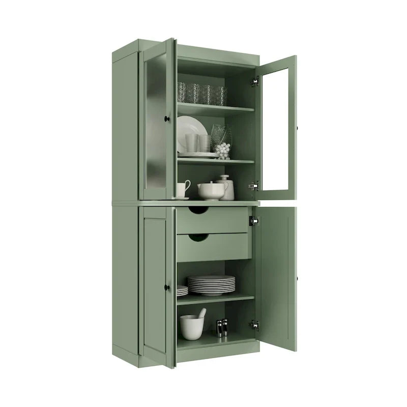 Meuble de rangement en bois massif avec portes en verre dépoli, portes pleines, 2 tiroirs et étagères réglables