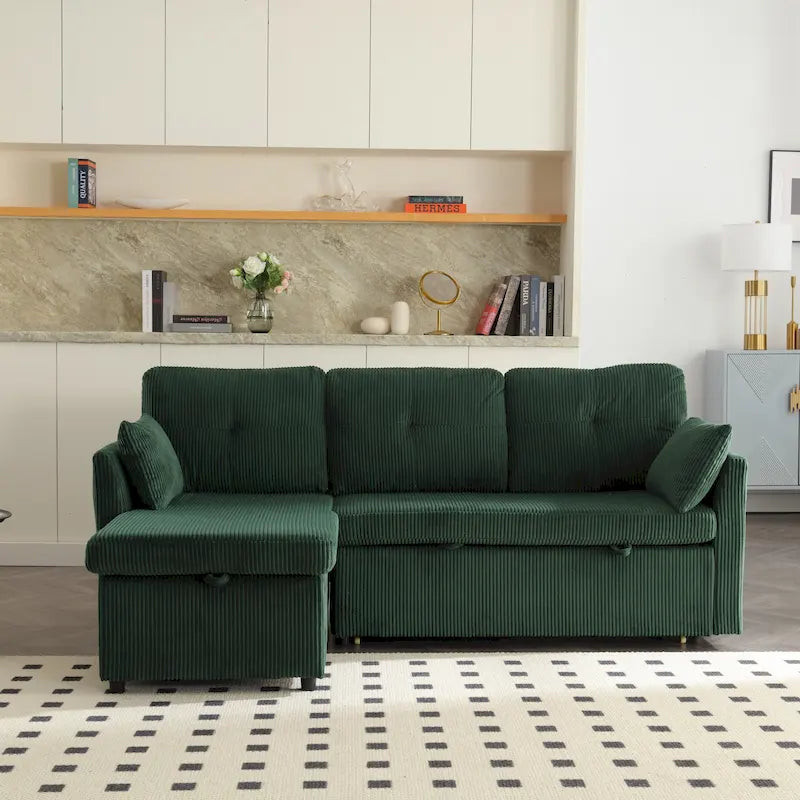 Canapé d'angle réversible en velours côtelé/chenille avec chaise longue de rangement et poche latérale
