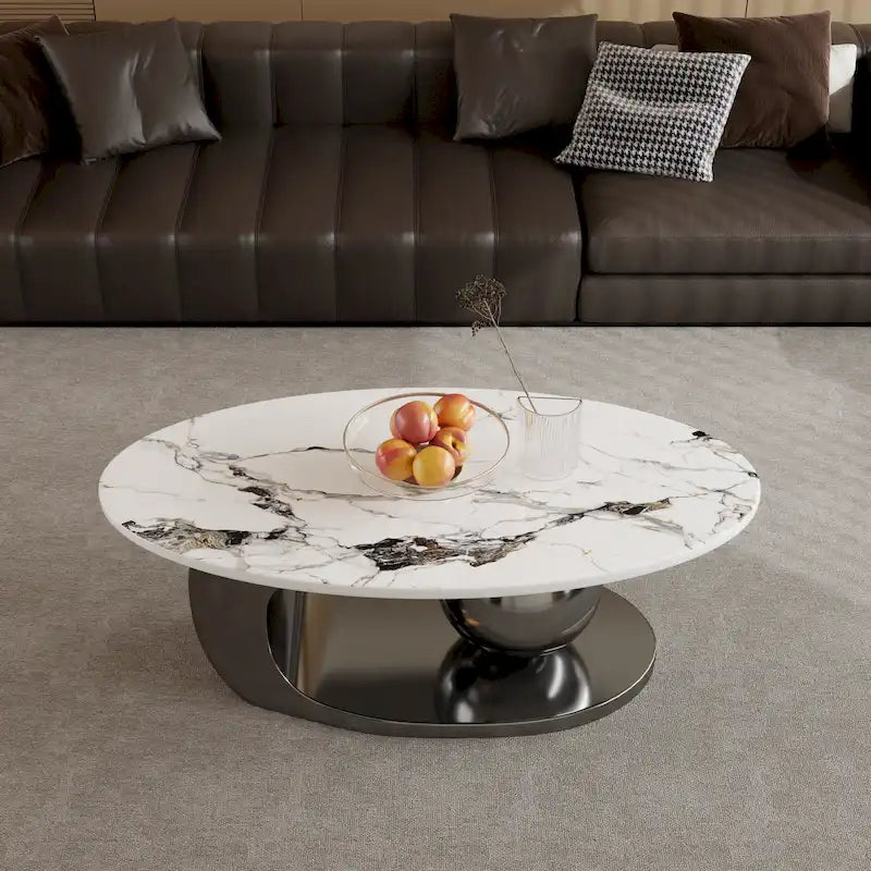 Table basse ovale moderne Pandora 51 avec plateau en pierre frittée brillante, table basse de luxe, pieds en acier inoxydable pour salon