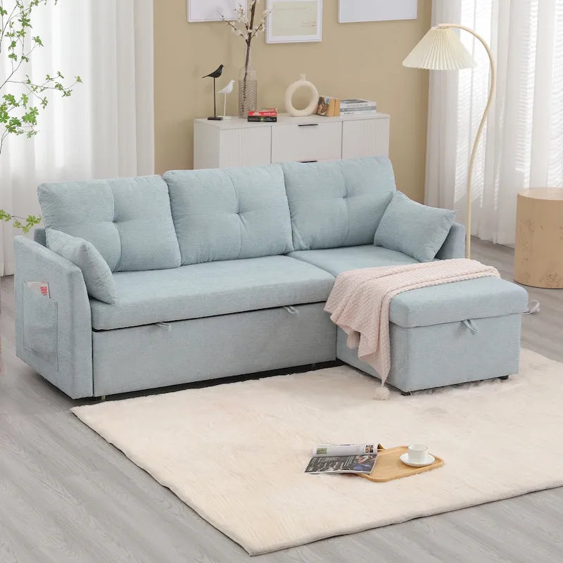 Canapé d'angle réversible en velours côtelé/chenille avec chaise longue de rangement et poche latérale