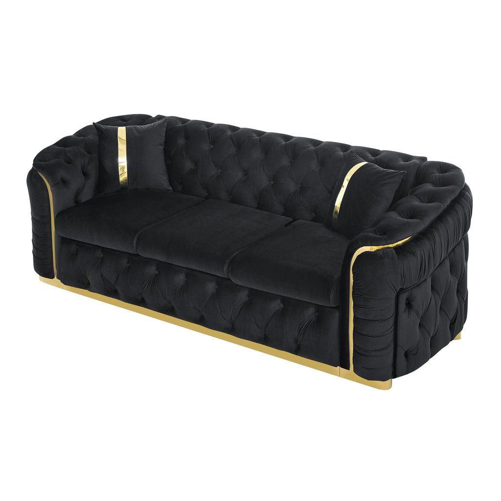 Canapé 3 places Velvet 90,6 po avec 2 oreillers, coussins haute densité, accents dorés et oreillers