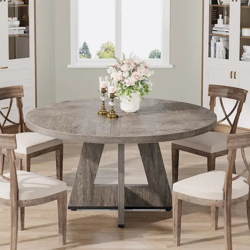 Table à manger ronde de 120 cm pour 4 personnes, table de salle à manger/cuisine/salon en bois style ferme