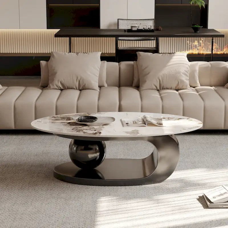 Table basse ovale moderne Pandora 51 avec plateau en pierre frittée brillante, table basse de luxe, pieds en acier inoxydable pour salon