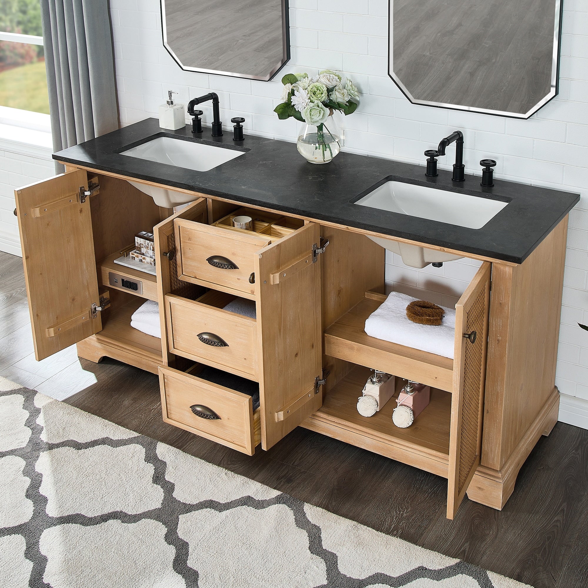 Meuble sous-vasque Hervas avec plateau en marbre naturel, sans miroir