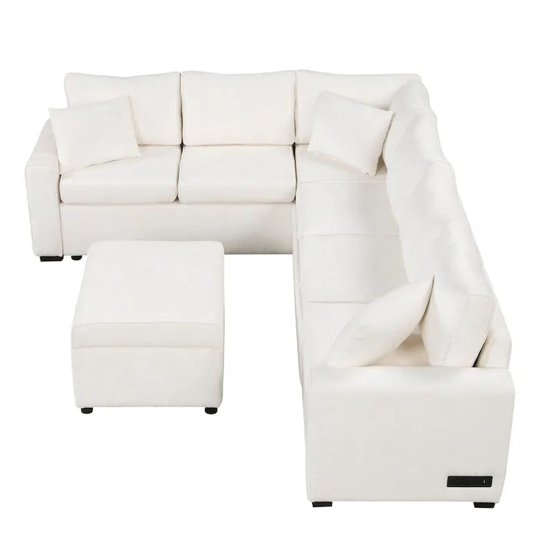 Canapé d'angle en chenille convertible, canapé-lit en forme de L avec pouf de rangement, 3 oreillers et dispositifs de charge