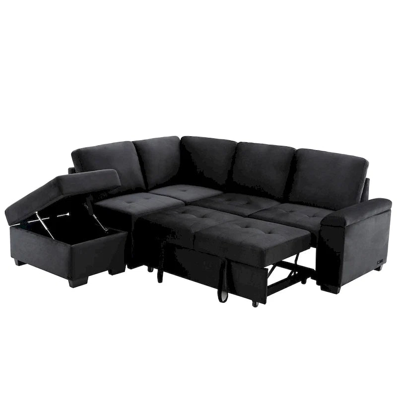 Canapé d'angle convertible 5 places en L 84,75 po avec pouf de rangement, rangement de bras dissimulé et chargement USB pour salon