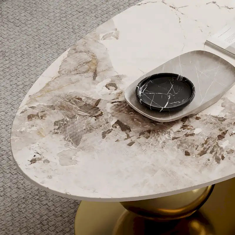 Table basse ovale moderne Pandora 51 avec plateau en pierre frittée brillante, table basse de luxe, pieds en acier inoxydable pour salon
