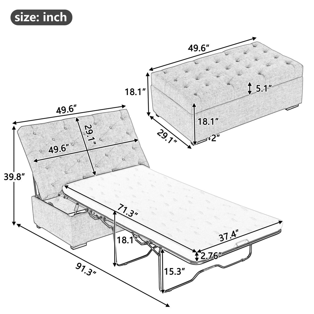Pouf lit pliant, pouf de 126 cm avec lit pliant, pouf-lit convertible avec matelas à mémoire de forme et design capitonné