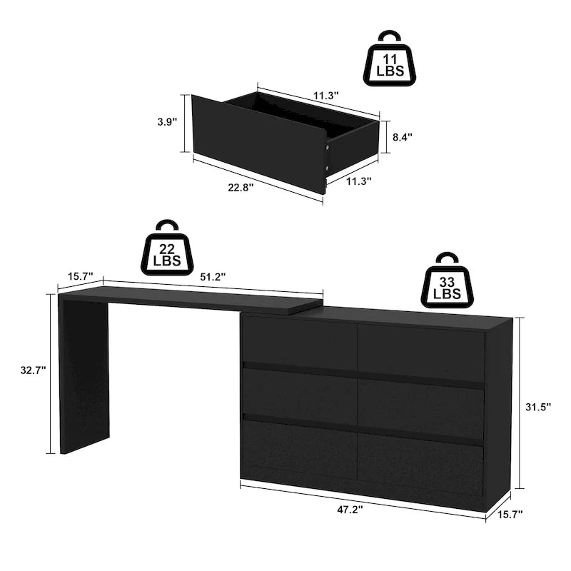 Commode pivotante 32,7H et bureau coiffeuse 6 tiroirs Blanc/Noir