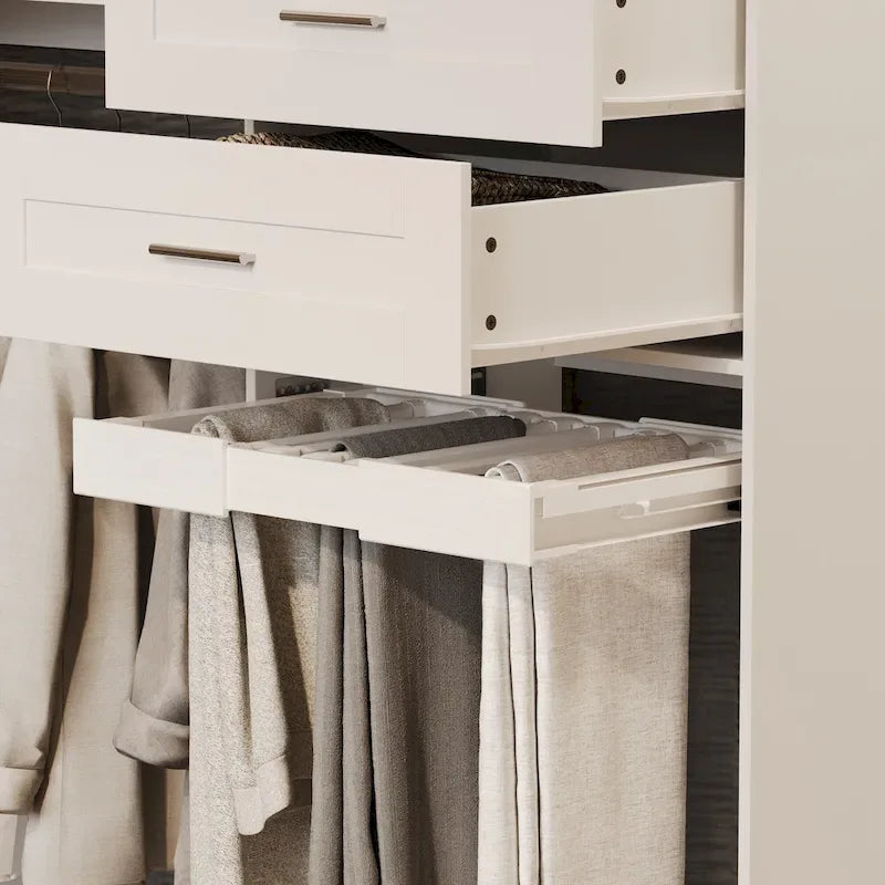Armoire d'angle avec 2 tringles, un porte-pantalons et un rangement à chaussures