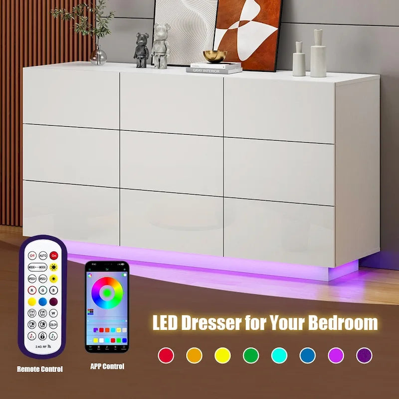 Commode à 9 tiroirs Tour de rangement pour chambre à coucher avec lumière