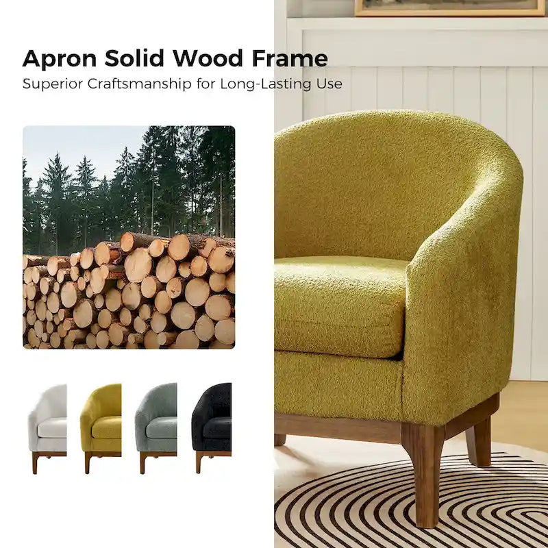 Fauteuil tonneau moderne Augus en bouclette avec pieds en bois massif par HULALA HOME