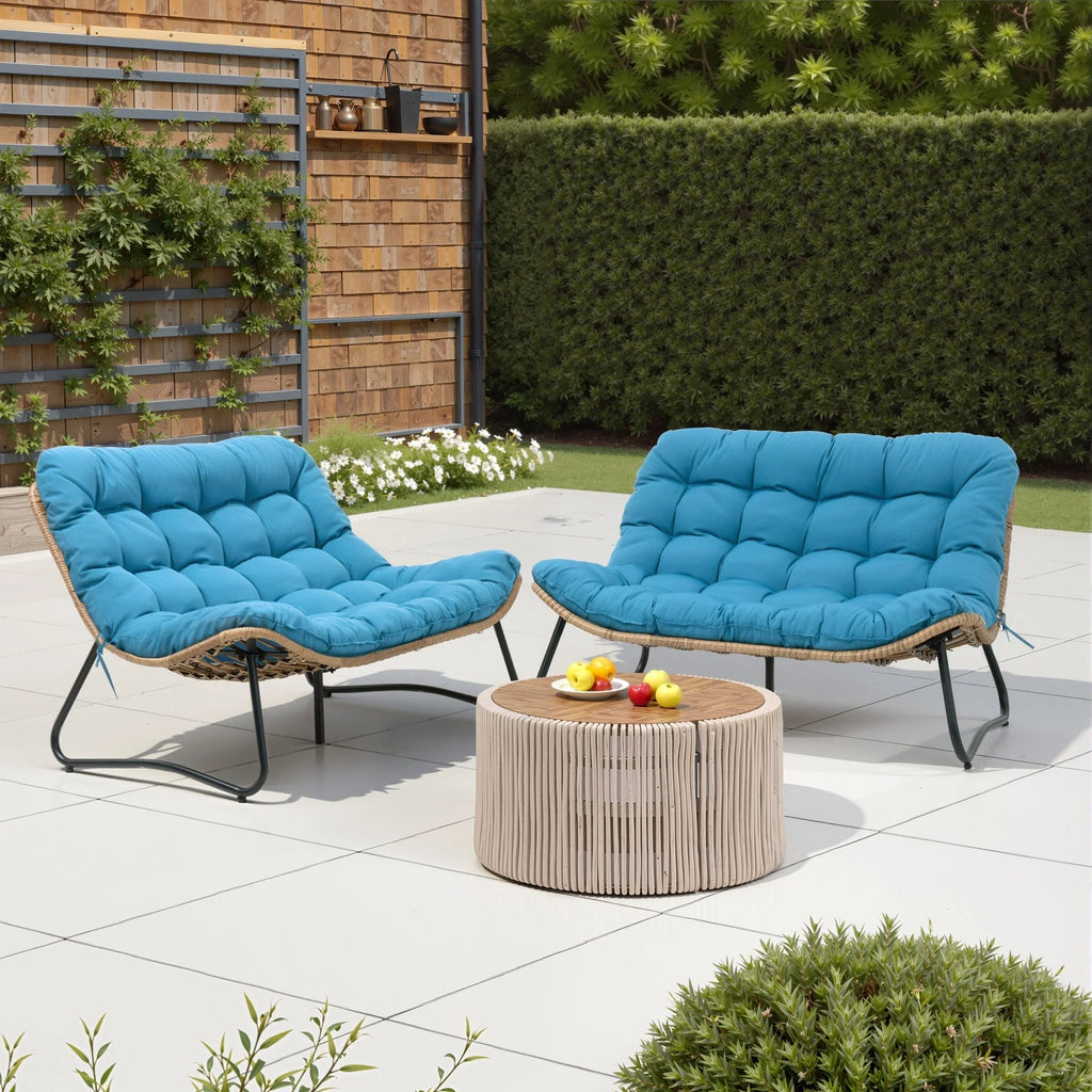 Causeuse double Papasan avec coussin, rotin PE tout temps et cadre en métal pour l'intérieur et l'extérieur