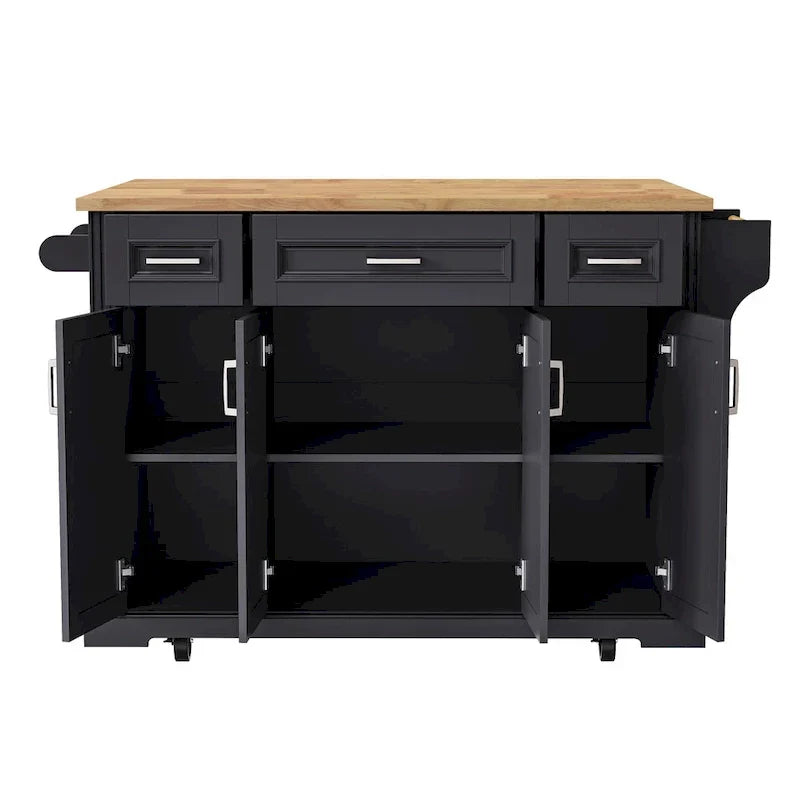 54 Grand îlot de cuisine avec plateau rabattable en bois d'hévéa, chariot de cuisine roulant à texture gaufrée sur 4 roues avec 4 portes et 3 tiroirs