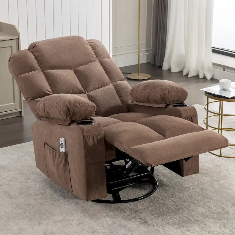 Fauteuil inclinable gris surdimensionné avec fonctions de chauffage et de massage, inclinaison à 150°, bascule à 30°, port USB pour la recharge et 2 porte-gobelets